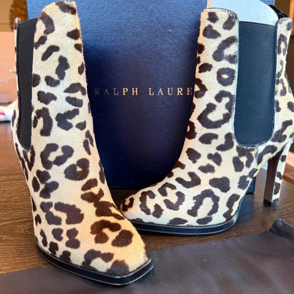 Ralph Lauren Zoie Leopard Calf Hair Stiletto Bootie Women 39 Brown